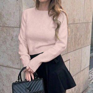 Pink Casual Women's V-Neck Bowknot Decor Sweater